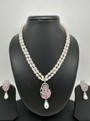 Pink Stone AD Pendent Double Line Real Kalagi Freshwater Pearls Necklace