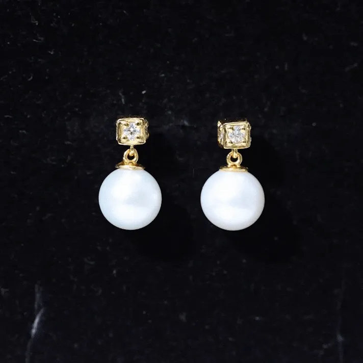 Real Freshwater Pearl Drop with Diamond Stud Earrings