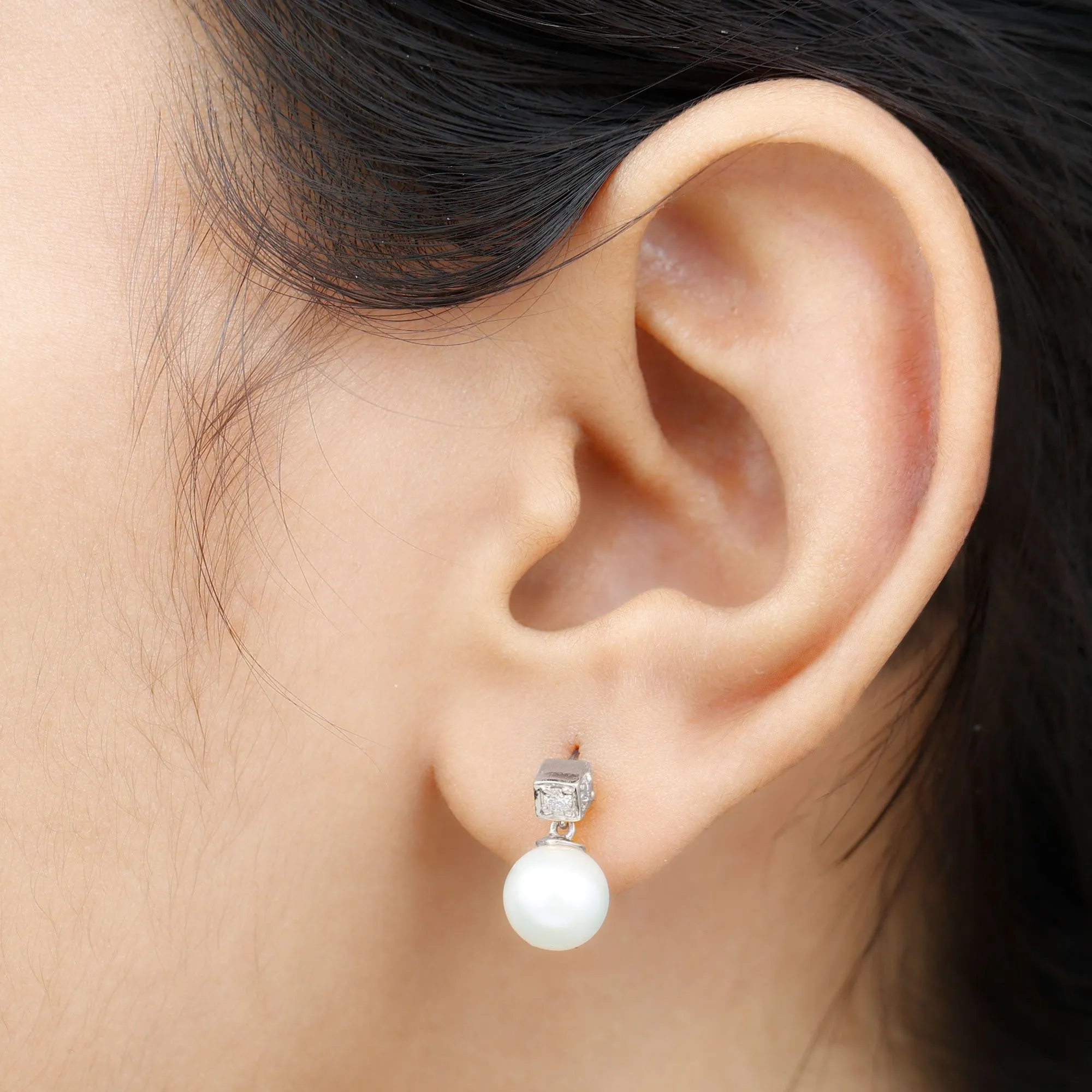 Real Freshwater Pearl Drop with Diamond Stud Earrings