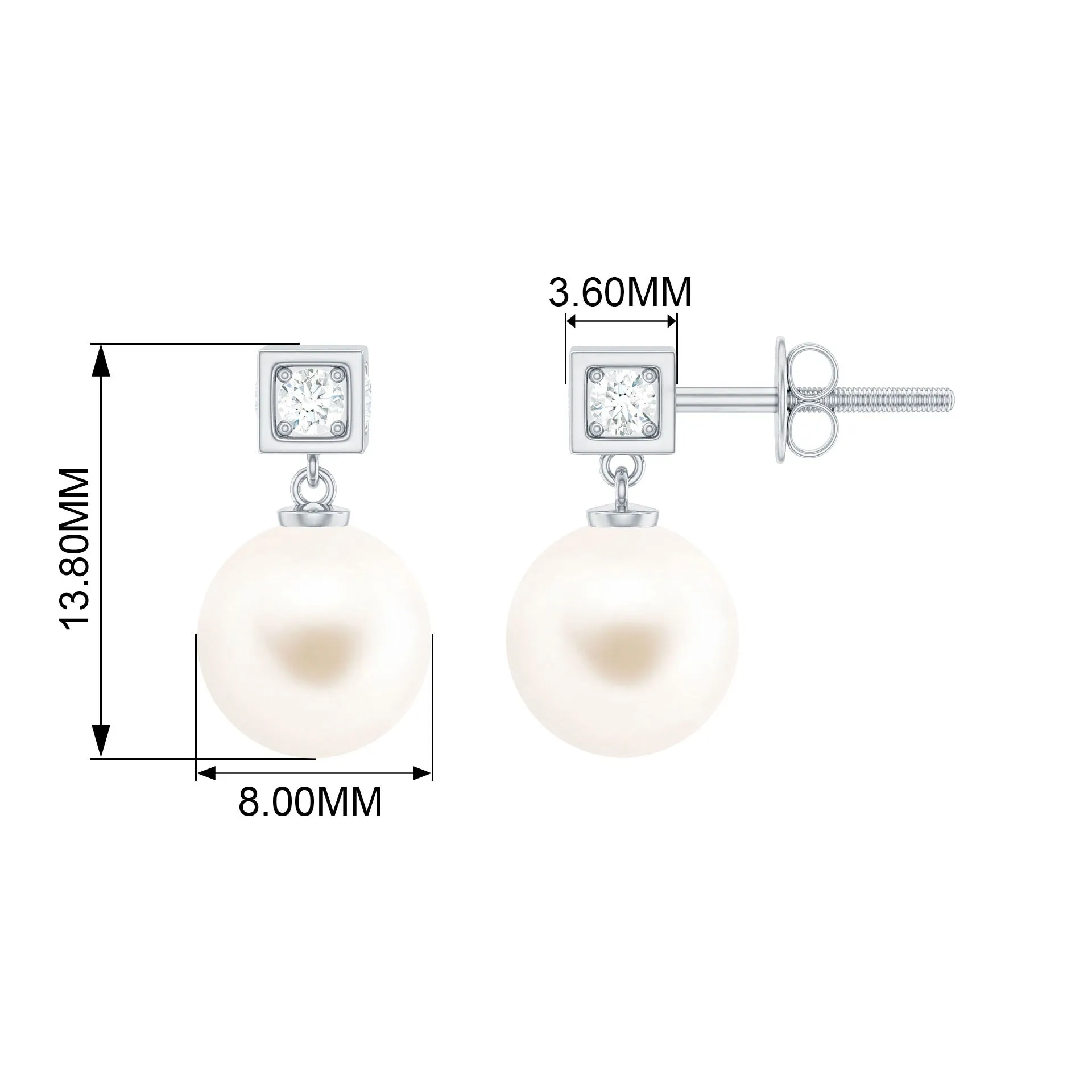 Real Freshwater Pearl Drop with Diamond Stud Earrings