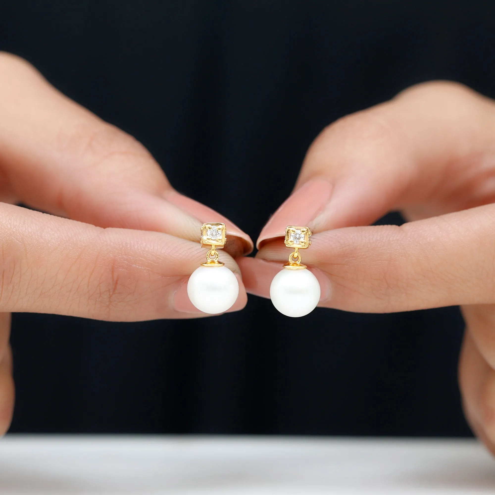 Real Freshwater Pearl Drop with Diamond Stud Earrings