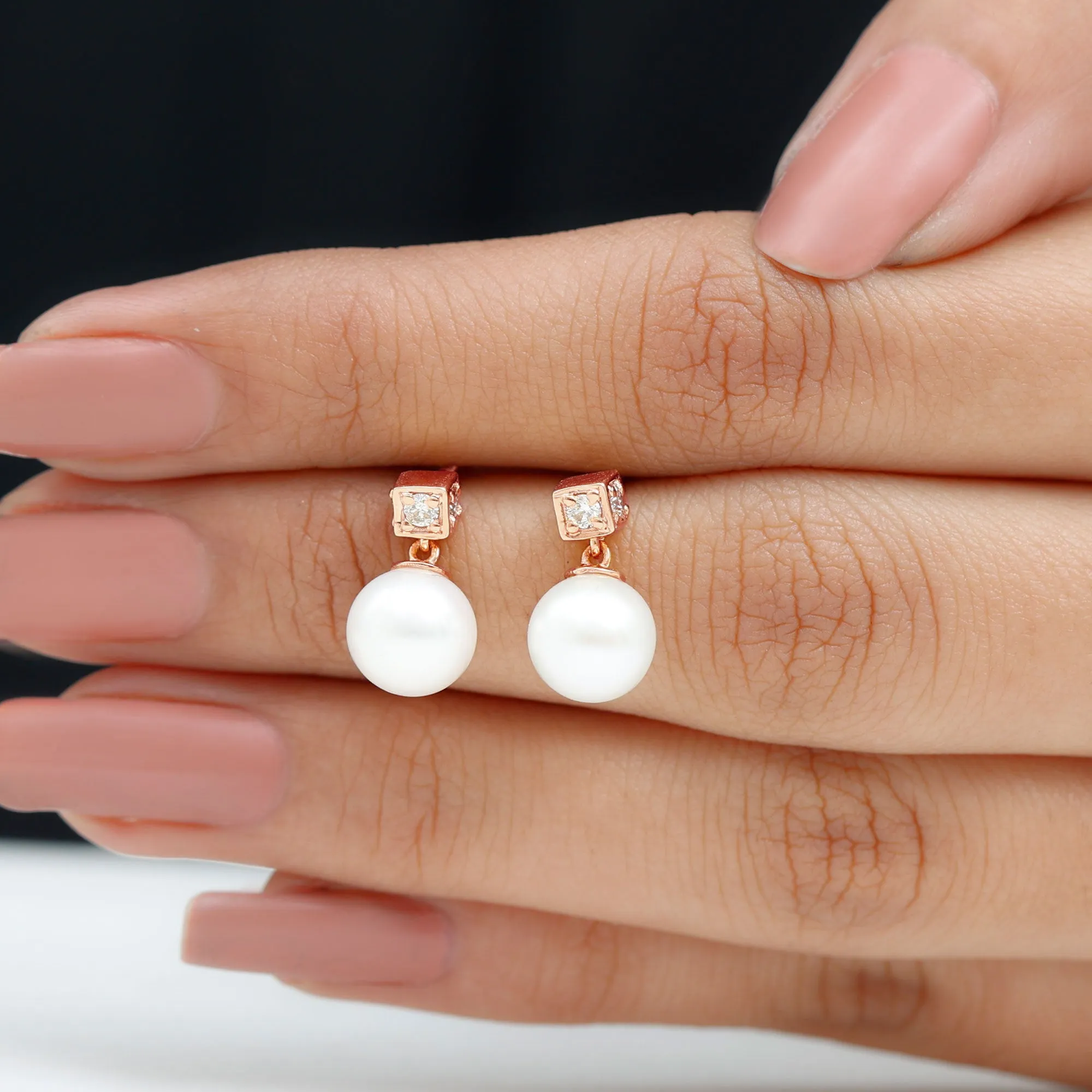 Real Freshwater Pearl Drop with Diamond Stud Earrings