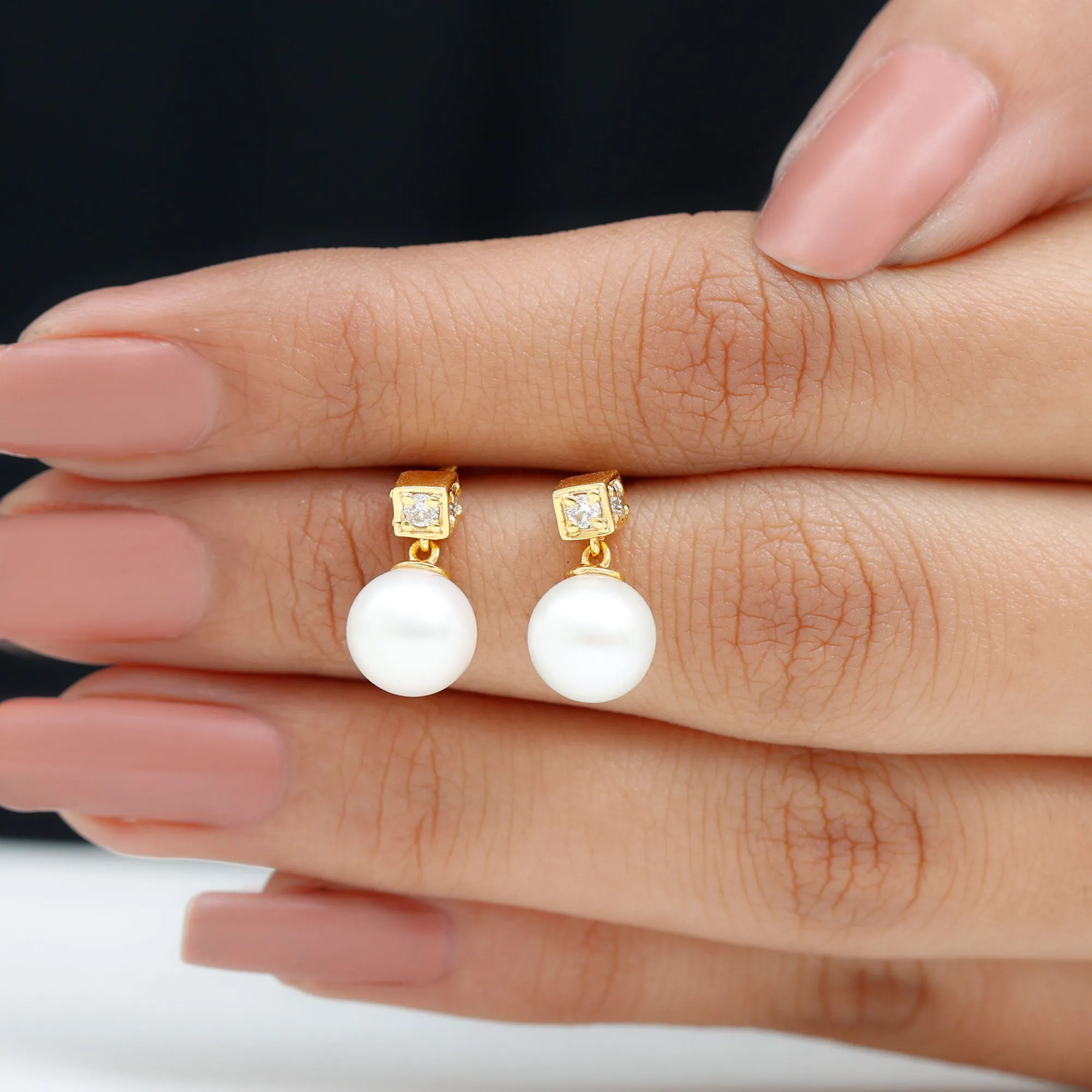 Real Freshwater Pearl Drop with Diamond Stud Earrings