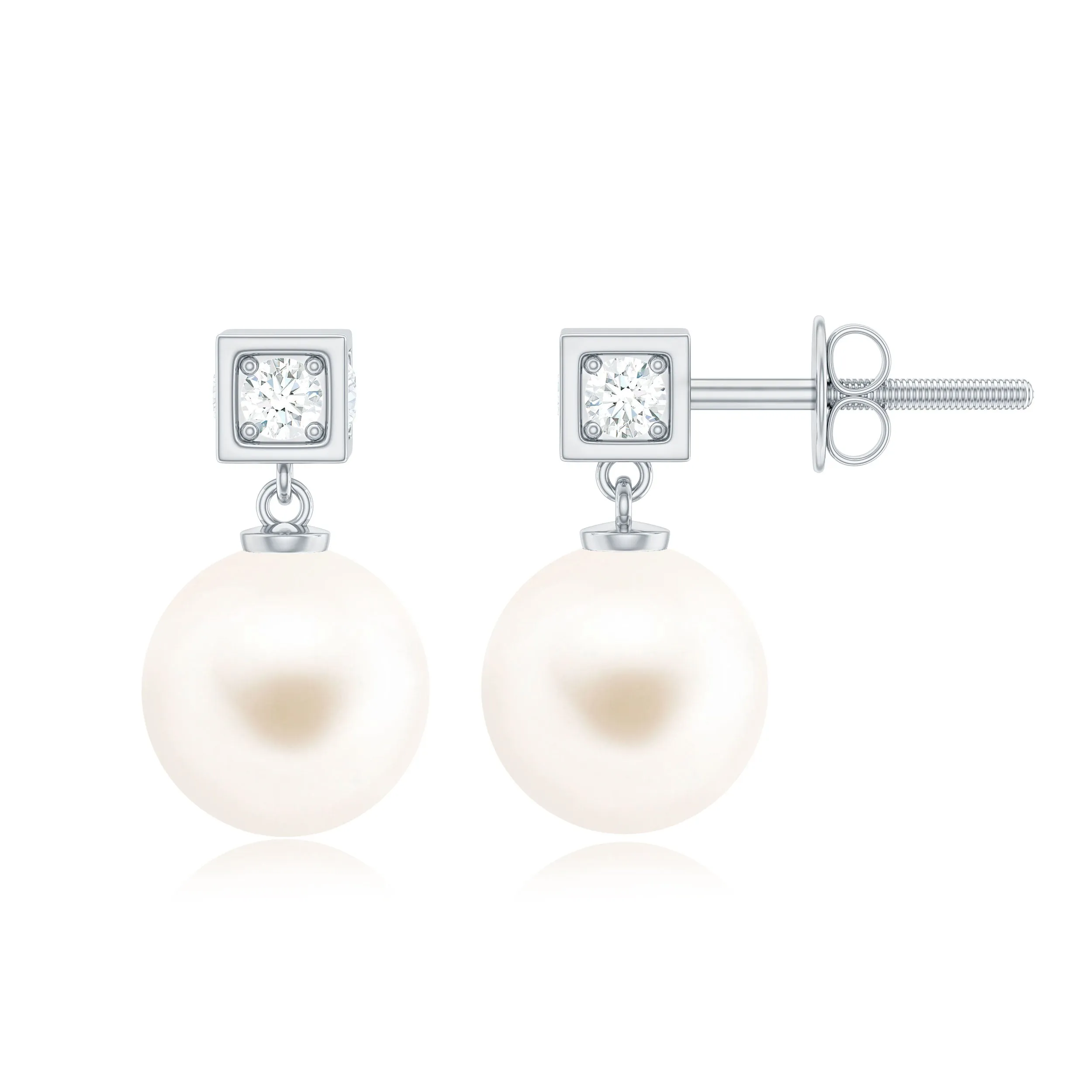 Real Freshwater Pearl Drop with Diamond Stud Earrings