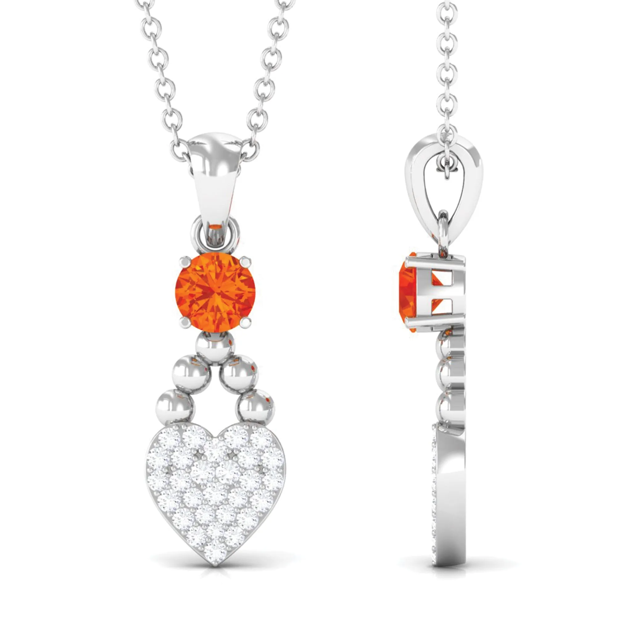 Round Orange Sapphire and Diamond Heart Drop Pendant