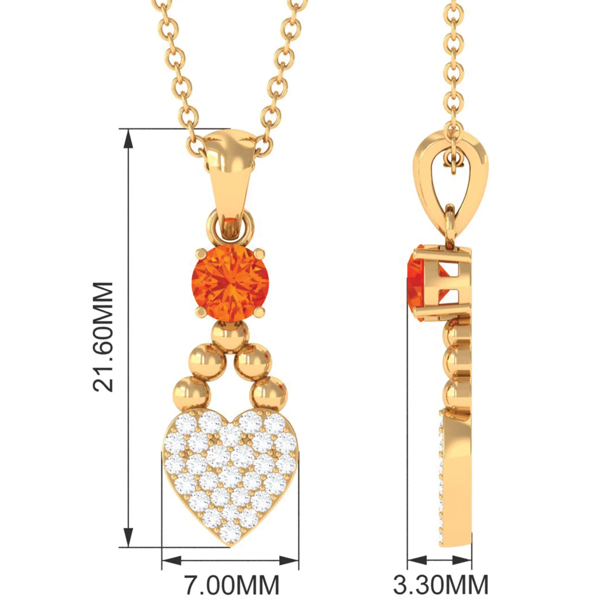 Round Orange Sapphire and Diamond Heart Drop Pendant