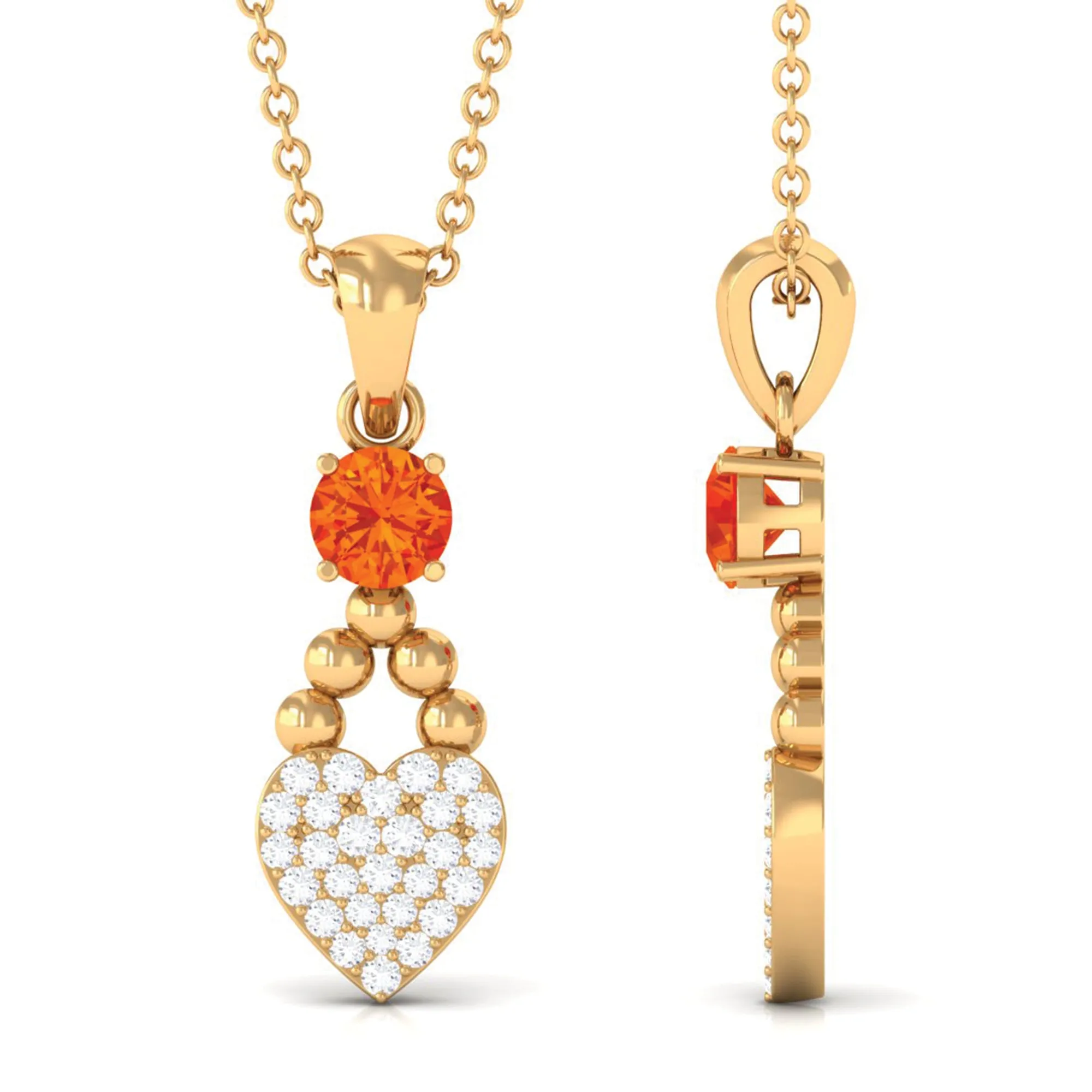 Round Orange Sapphire and Diamond Heart Drop Pendant