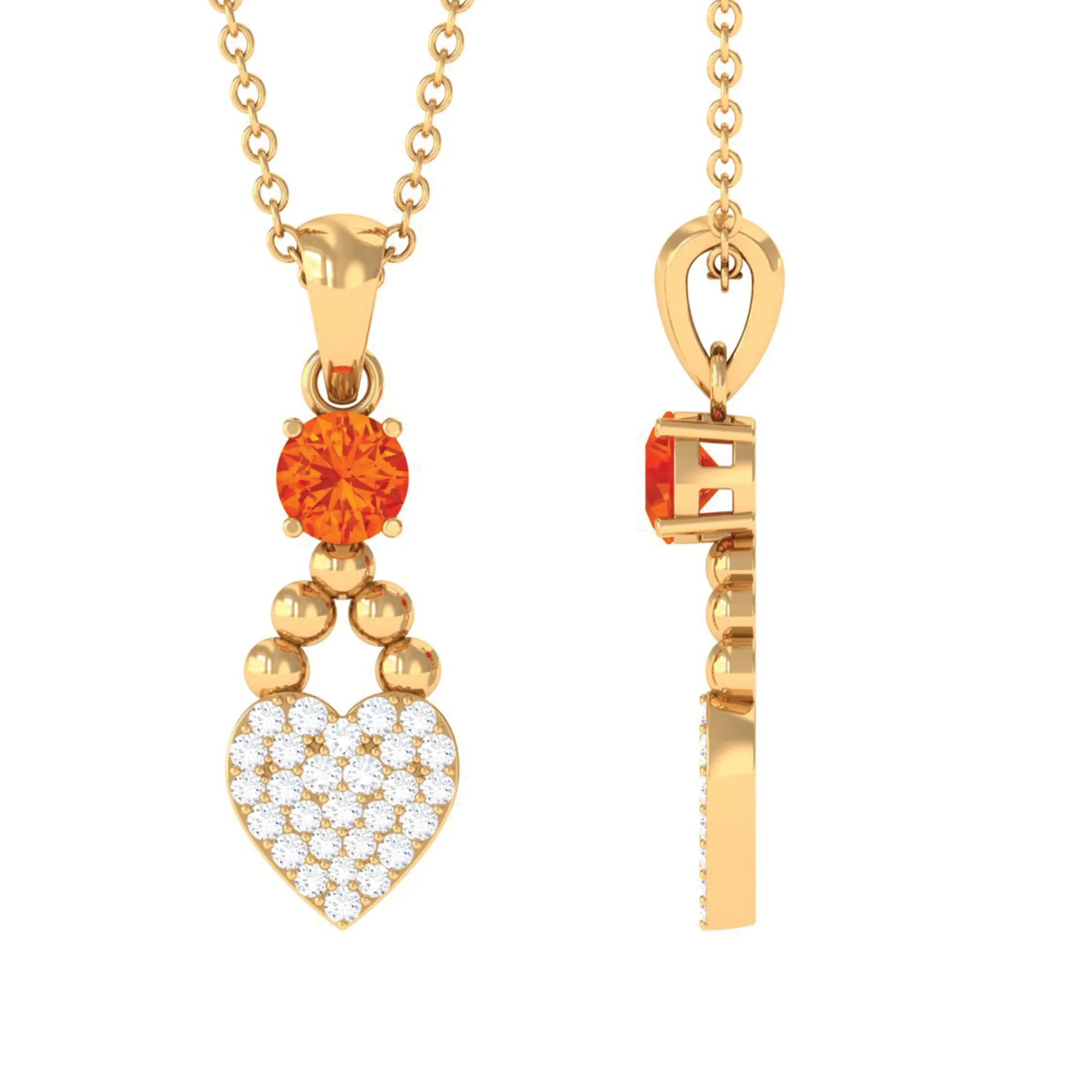 Round Orange Sapphire and Diamond Heart Drop Pendant
