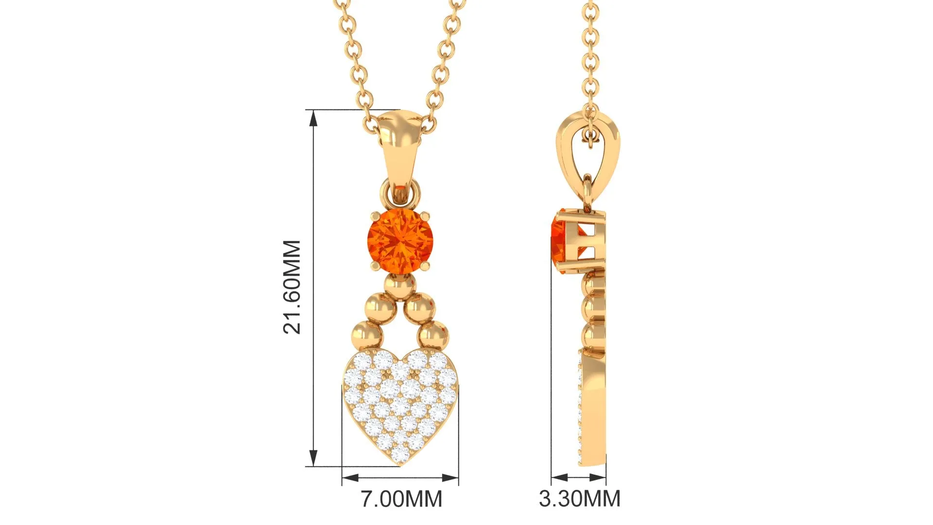 Round Orange Sapphire and Diamond Heart Drop Pendant