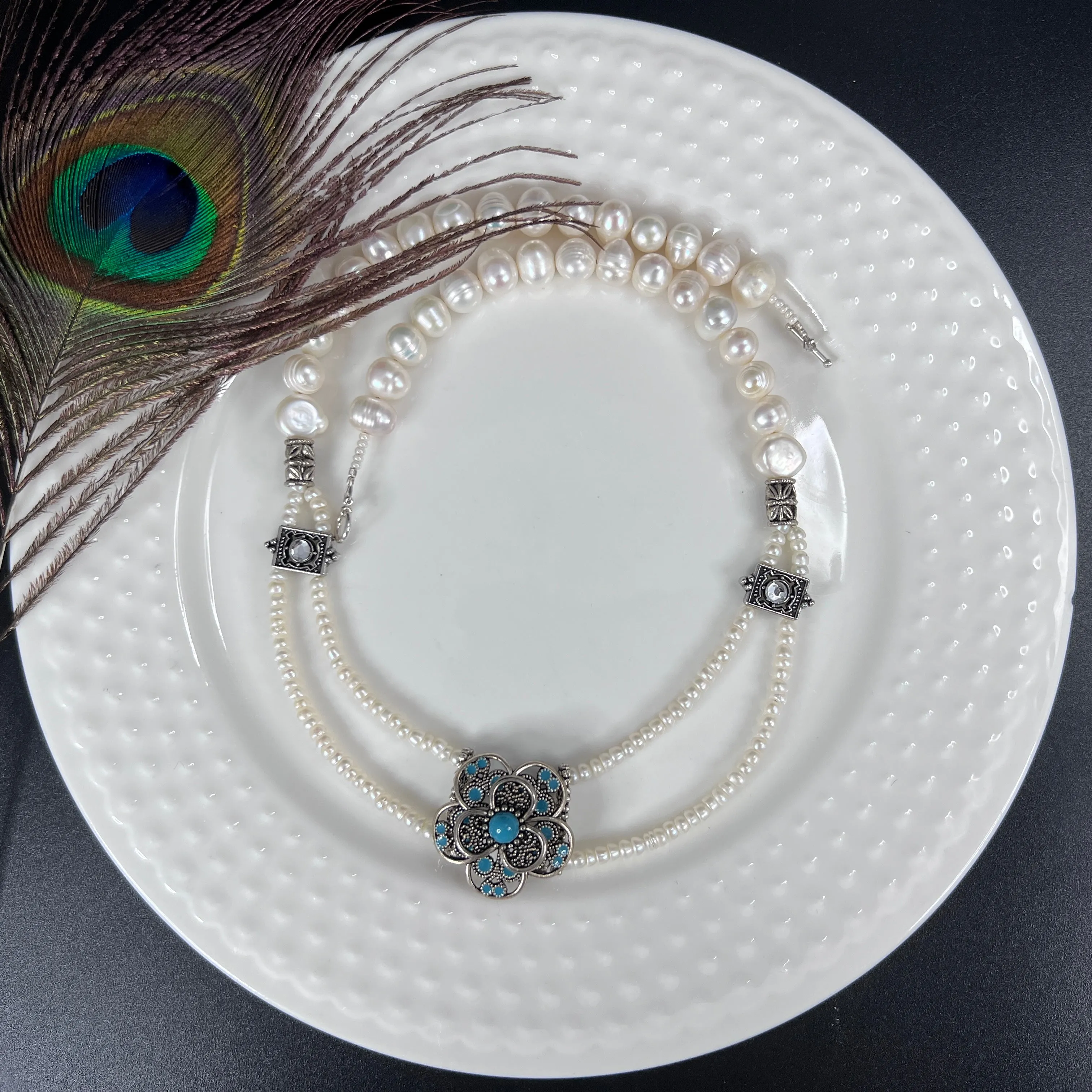 Seed Pearl and Pewter Flower Necklace