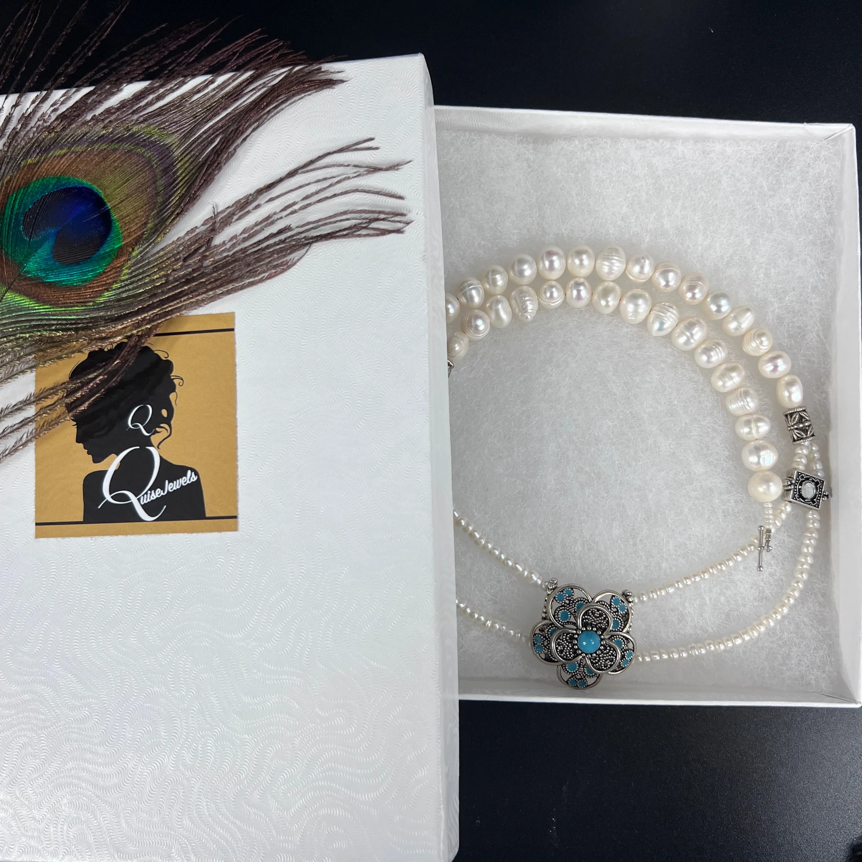 Seed Pearl and Pewter Flower Necklace