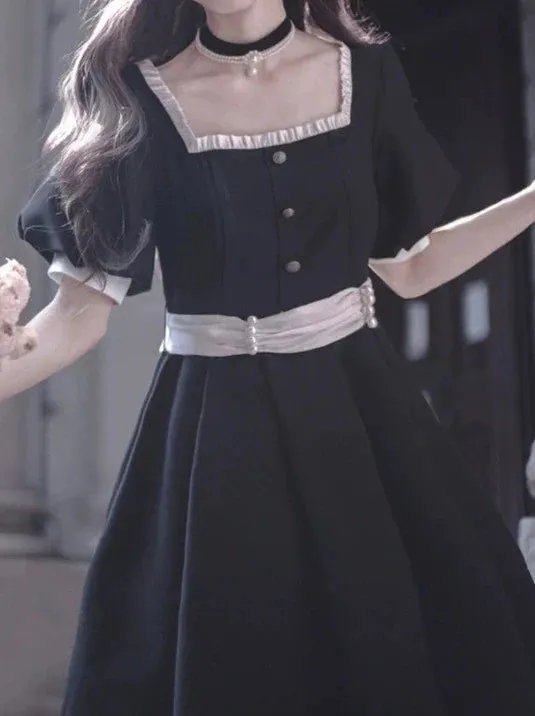 Square Black Pearl Waist Necklace French Collar Dress Black Ribbon Catsuit Retro