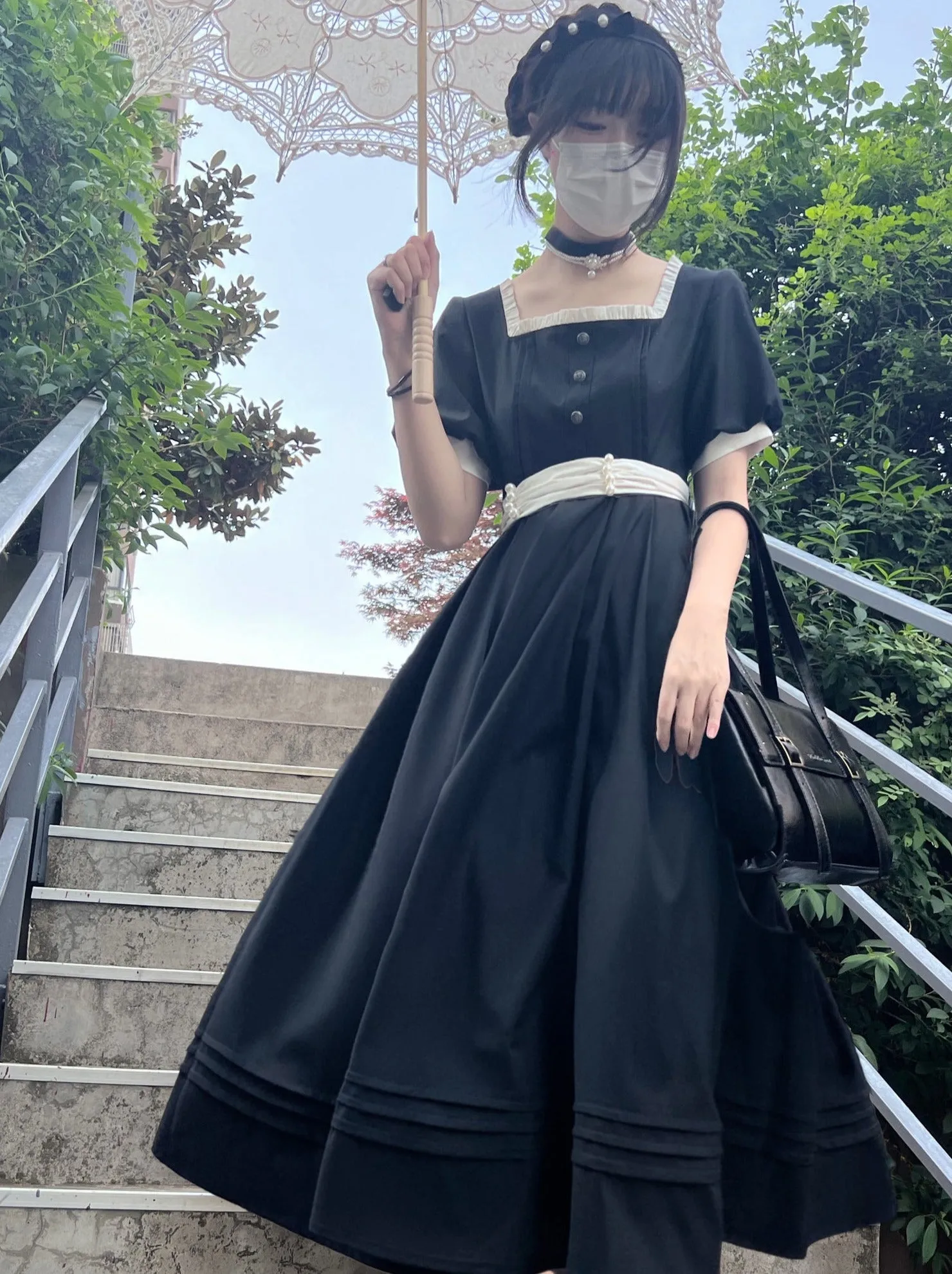 Square Black Pearl Waist Necklace French Collar Dress Black Ribbon Catsuit Retro