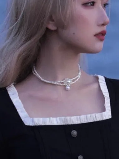 Square Black Pearl Waist Necklace French Collar Dress Black Ribbon Catsuit Retro