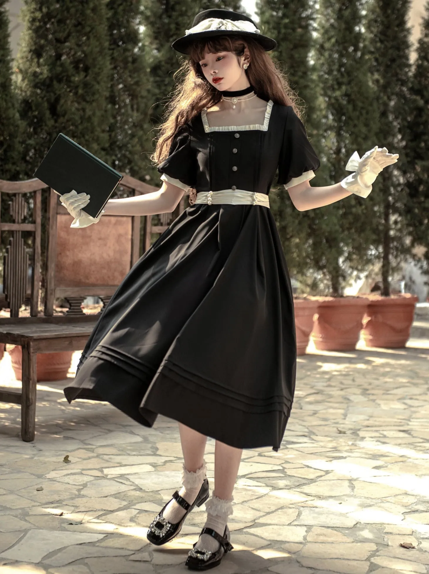 Square Black Pearl Waist Necklace French Collar Dress Black Ribbon Catsuit Retro