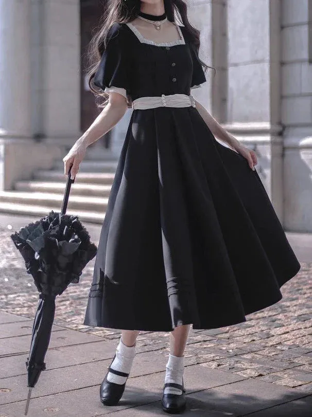 Square Black Pearl Waist Necklace French Collar Dress Black Ribbon Catsuit Retro