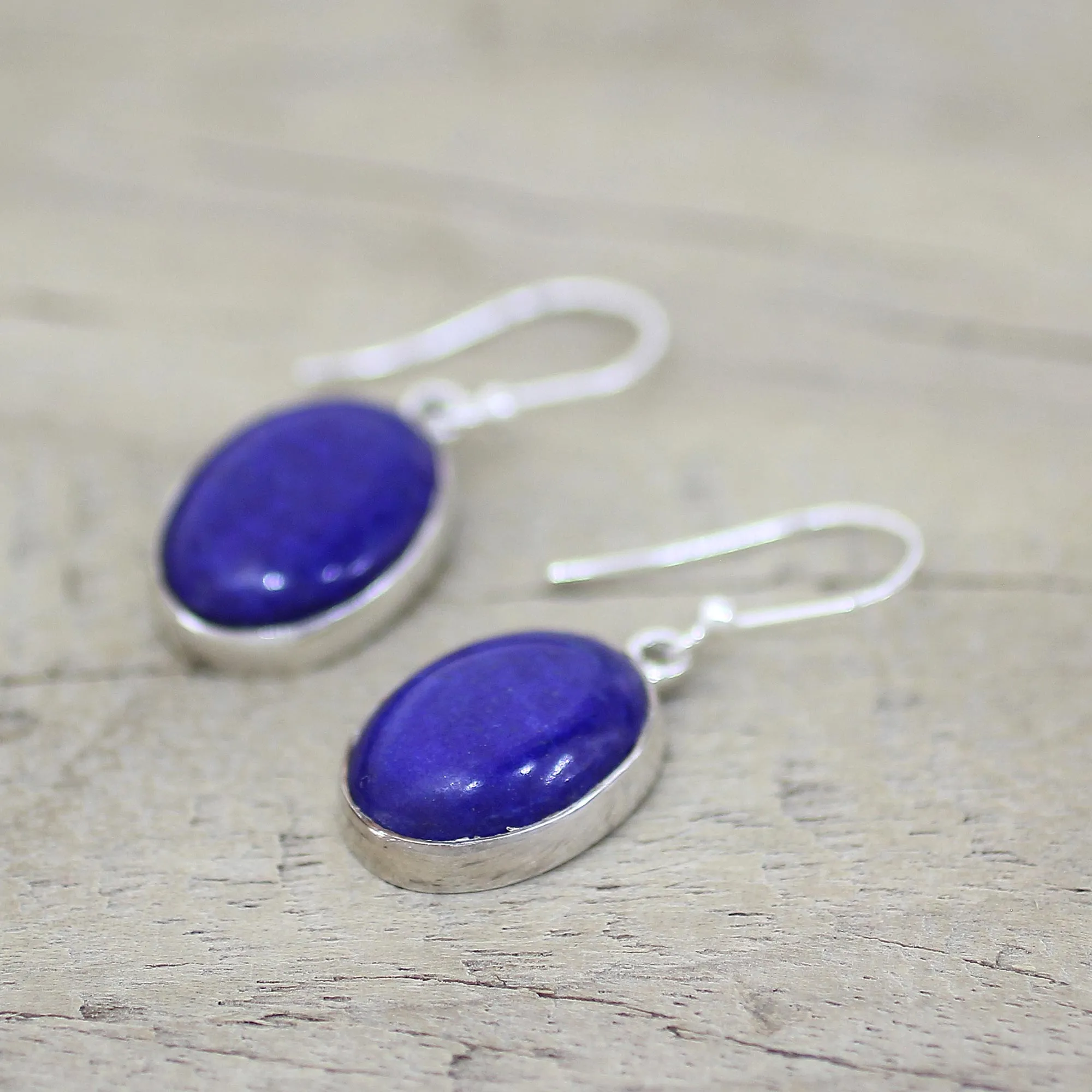 Sterling Silver Lapis Lazuli Dangle Earrings from India - Oval Seas | NOVICA