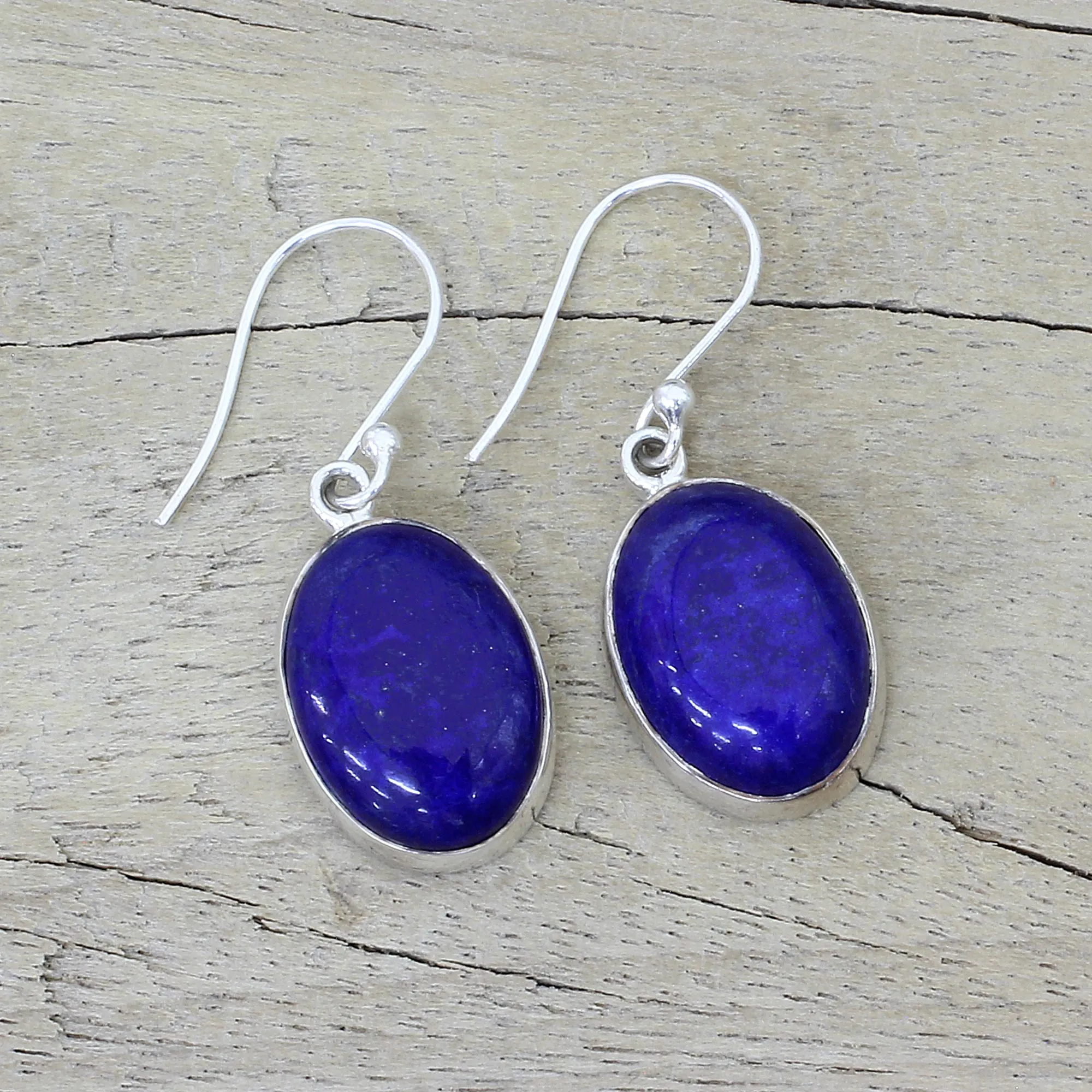 Sterling Silver Lapis Lazuli Dangle Earrings from India - Oval Seas | NOVICA