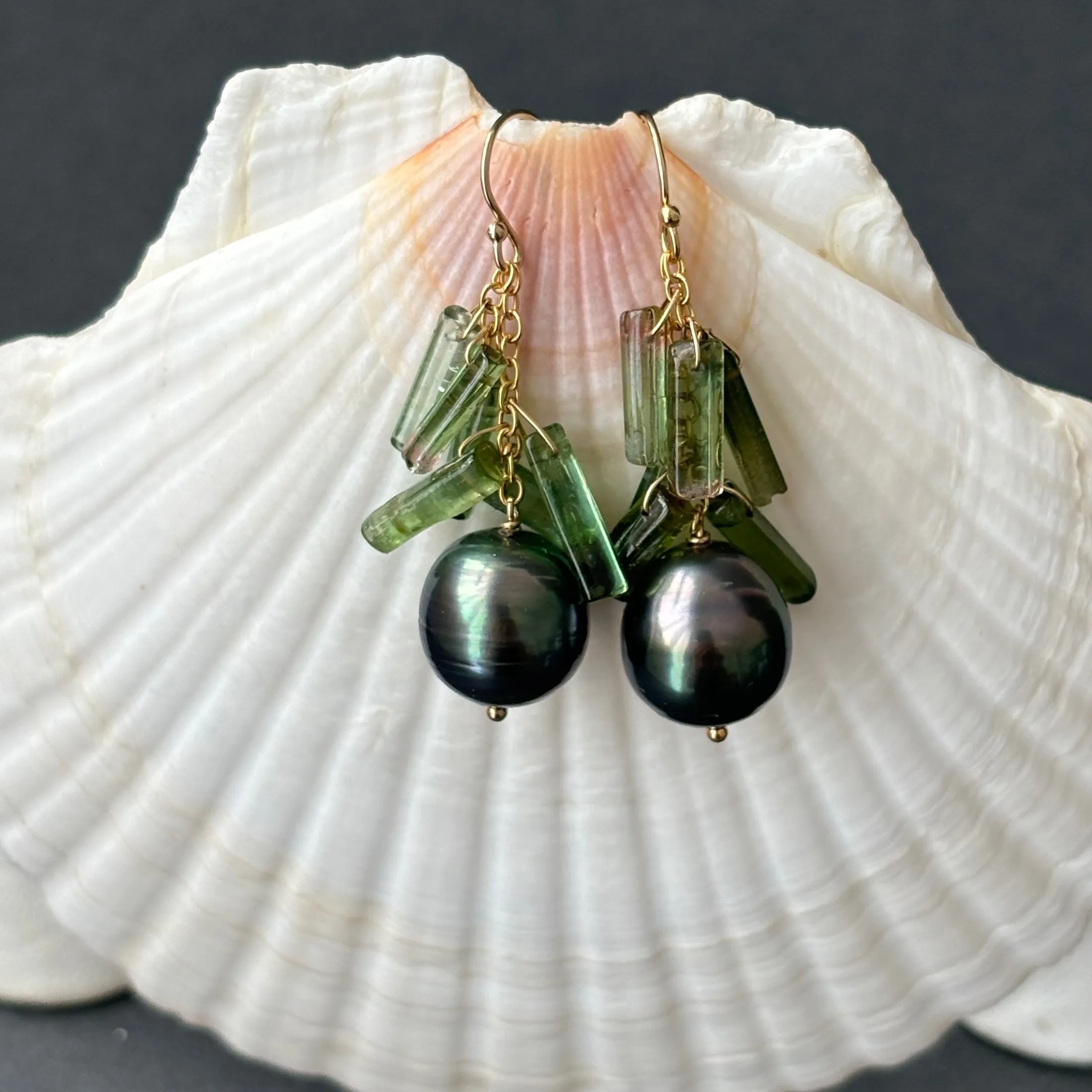 TAHITIAN PEARL AND GREEN TOURMALINE CRYSTAL "PEEK A BOO" EARRINGS