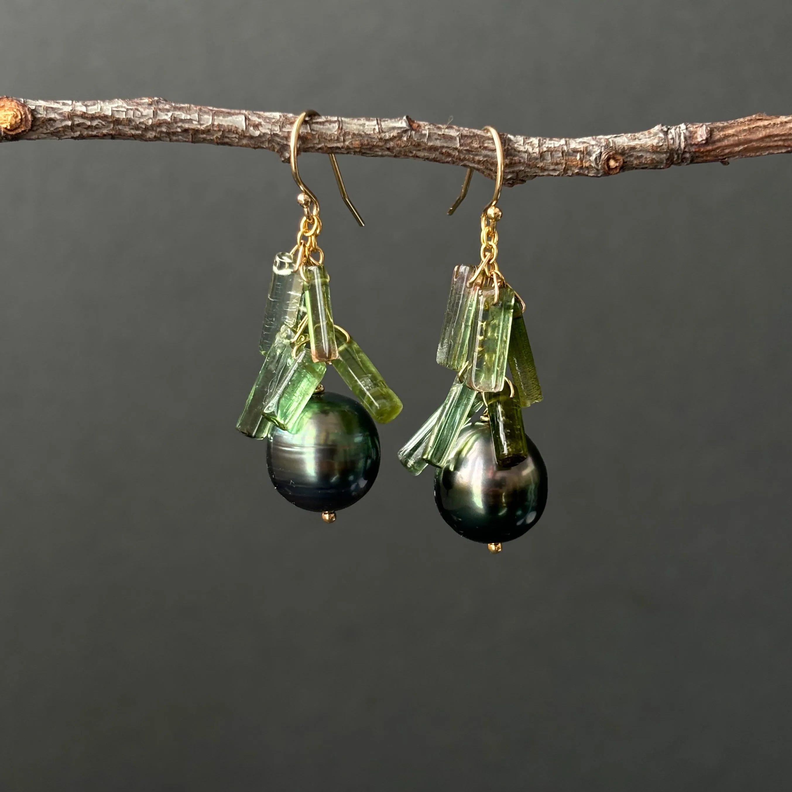 TAHITIAN PEARL AND GREEN TOURMALINE CRYSTAL "PEEK A BOO" EARRINGS