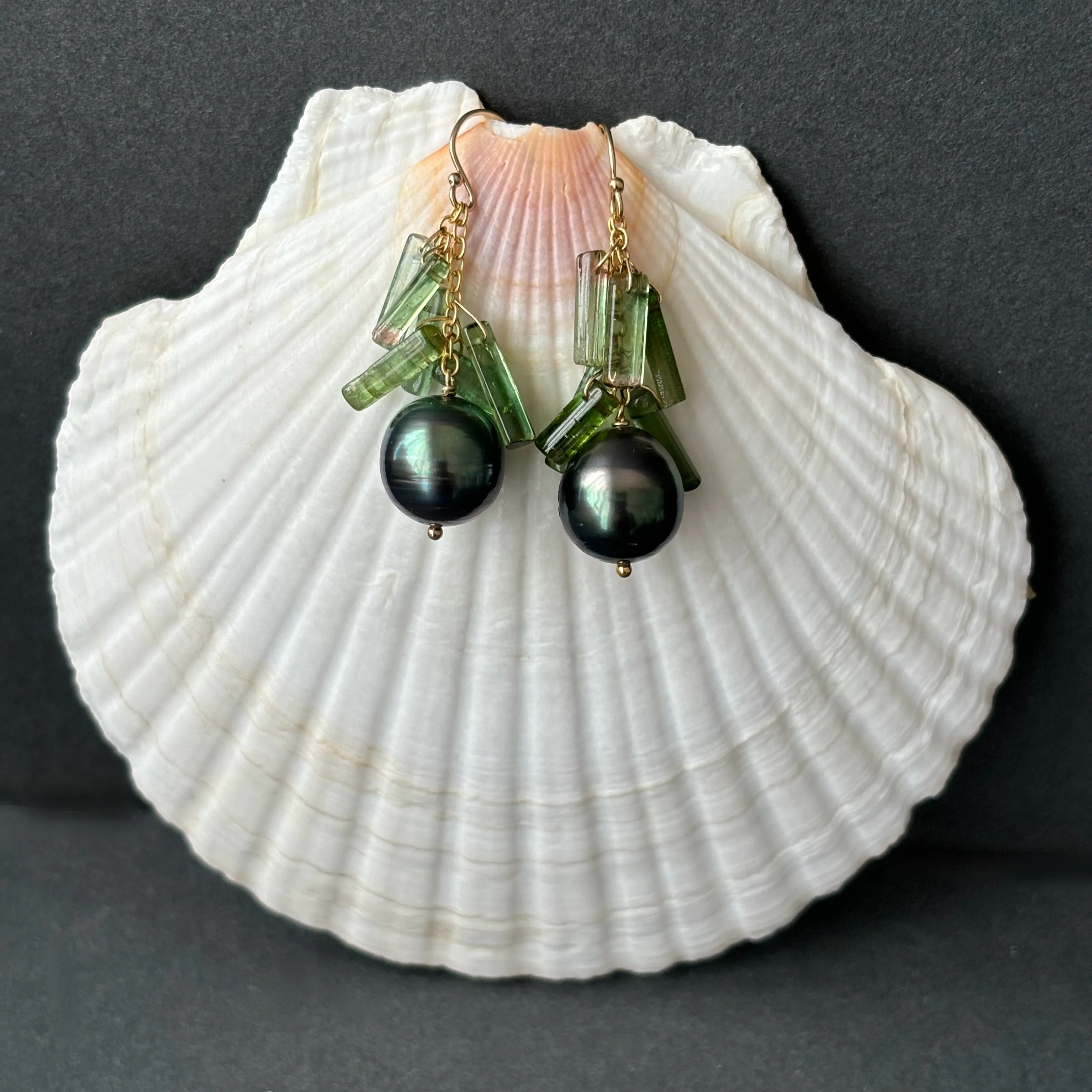 TAHITIAN PEARL AND GREEN TOURMALINE CRYSTAL "PEEK A BOO" EARRINGS