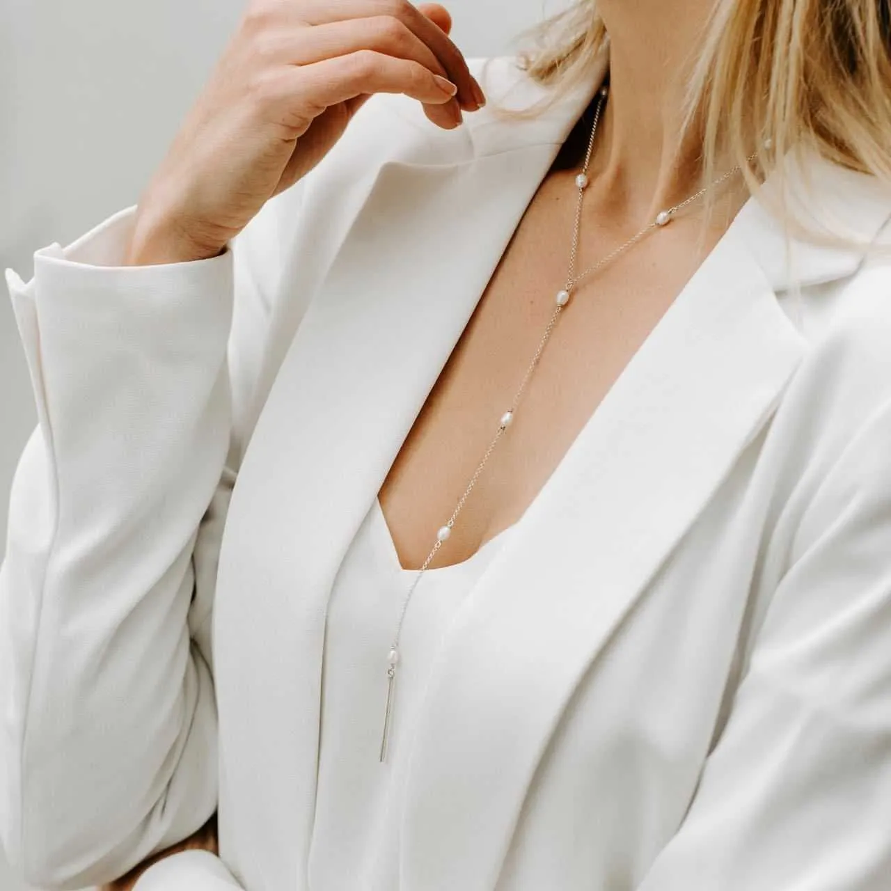 True Clarity Tie Necklace with Natural Pearls and Sterling Silver