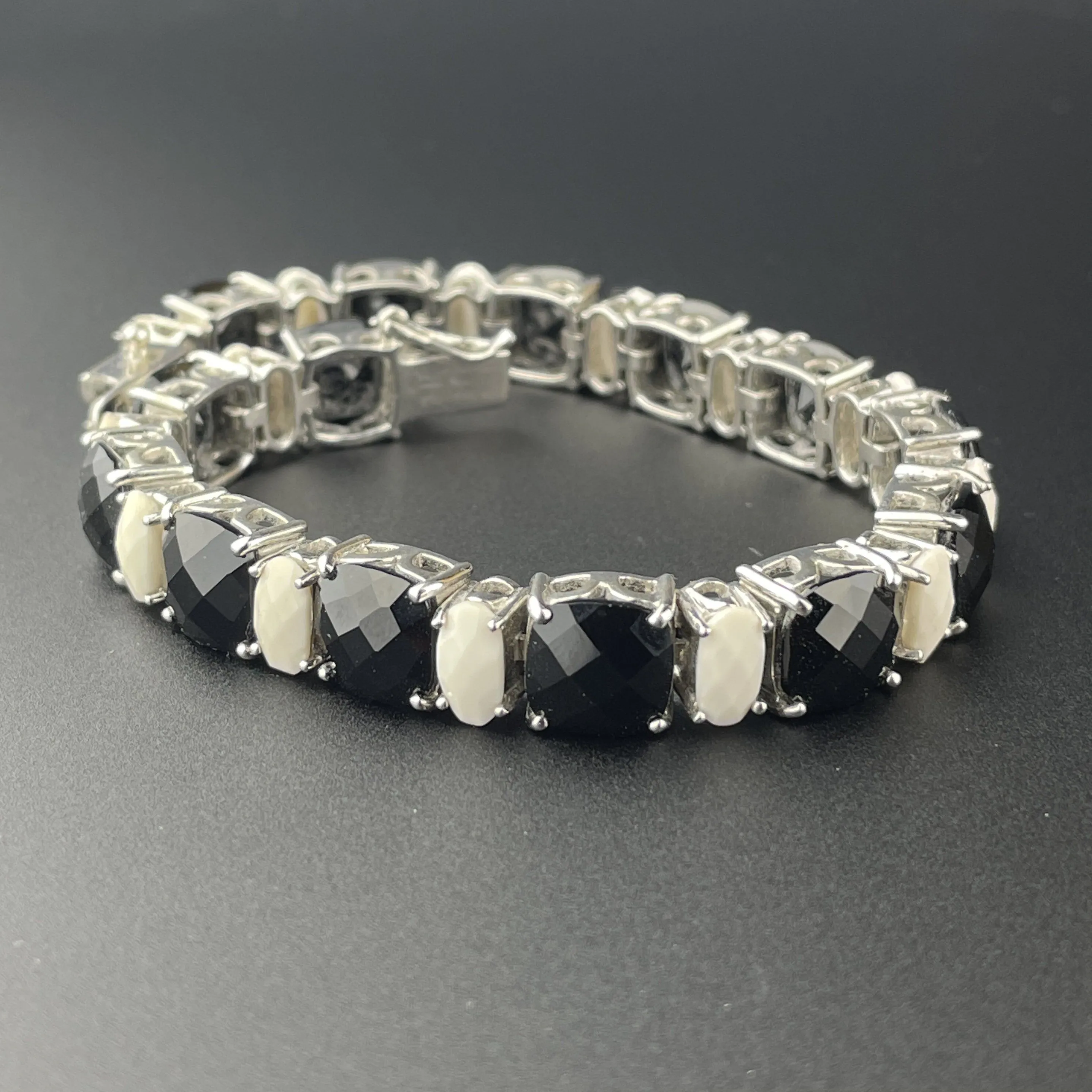 Vintage Sterling Onyx White Quartz Tennis Bracelet