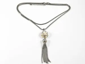 Vintage Style Round Pearl Ball Charm With Tassel Long Brass Necklace
