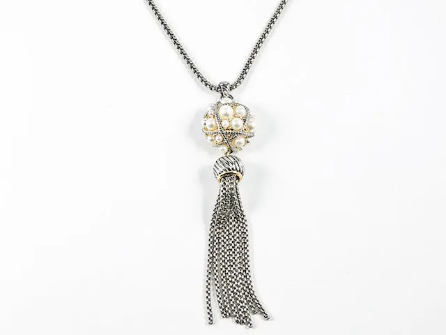 Vintage Style Round Pearl Ball Charm With Tassel Long Brass Necklace