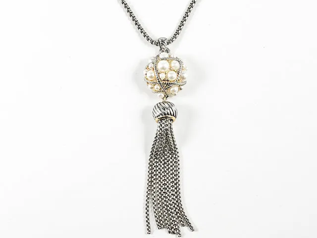 Vintage Style Round Pearl Ball Charm With Tassel Long Brass Necklace