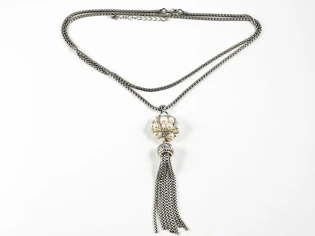 Vintage Style Round Pearl Ball Charm With Tassel Long Brass Necklace