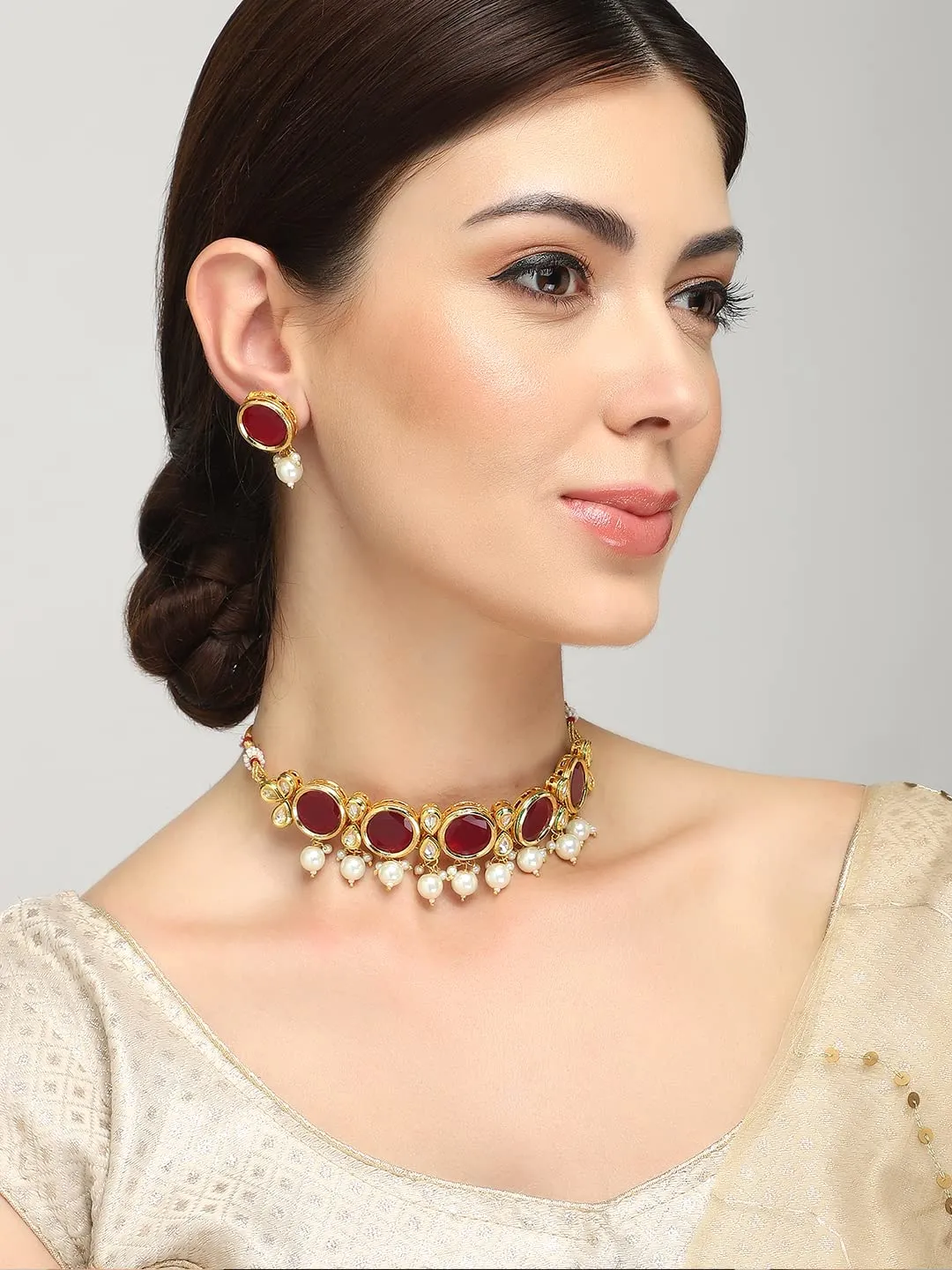 Yellow Chimes Traditional Jewellery Set for Women Ethnic Pink Stone Choker Necklace Set Gold Plated Choker Necklace Set for Women and Girls.